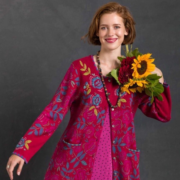 Gudrun Sjoden Roses Embroidered Button Front Cardigan Red Pink Floral‎ SM/Medium - Picture 9 of 12